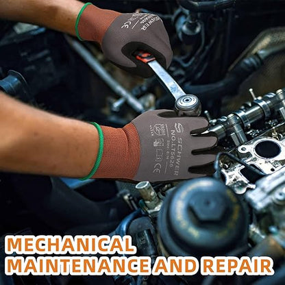 Schwer 12 Pairs Safety Work Gloves Sandy Nitrile Coated LT5626, Max Abrasion Resistant Heavy Duty Working Gloves with Grip for Men Women, Touch-Screen, for General Use, Mechanic, Construction, L