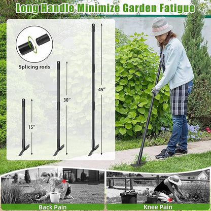 Garden Hoe,2 in 1 Heavy Duty Scuffle Weeding Hoe Garden Tool with Shaped Edge, 45 inch Long Handle, Hand Weeding Rake Action Hoe for Weeding Gardening Grass Weed Moss Removal