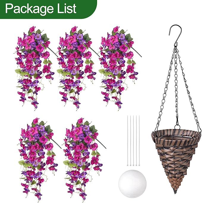 Artificial Fake Hanging Hibiscus Flowers Plants Baskets for Outdoor Outside Spring Summer Decoration, Faux Silk Hibiscus Long Vines in Planter UV Resistant Realistic Flowers (PurpleDarkPurple)
