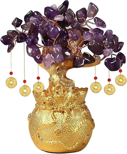 Amethyst Crystal Money Tree – Feng Shui Wisdom Purification Golden Bag Bonsai Lucky Gemstone Home Office Decor (14cm Height)