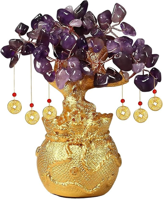 Amethyst Crystal Money Tree – Feng Shui Wisdom Purification Golden Bag Bonsai Lucky Gemstone Home Office Decor (14cm Height)