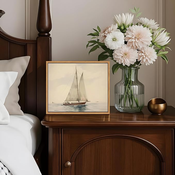 Floating Framed Canvas Wall Art, Vintage Sailboat Ocean Picture Wall Decor, White Sailboat Seascape Poster Print Painting for Living Room Bedroom Bathroom Office Home Decor 8x10 inch