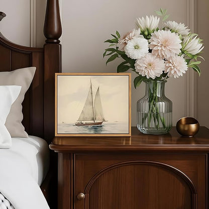 Floating Framed Canvas Wall Art, Vintage Sailboat Ocean Picture Wall Decor, White Sailboat Seascape Poster Print Painting for Living Room Bedroom Bathroom Office Home Decor 8x10 inch