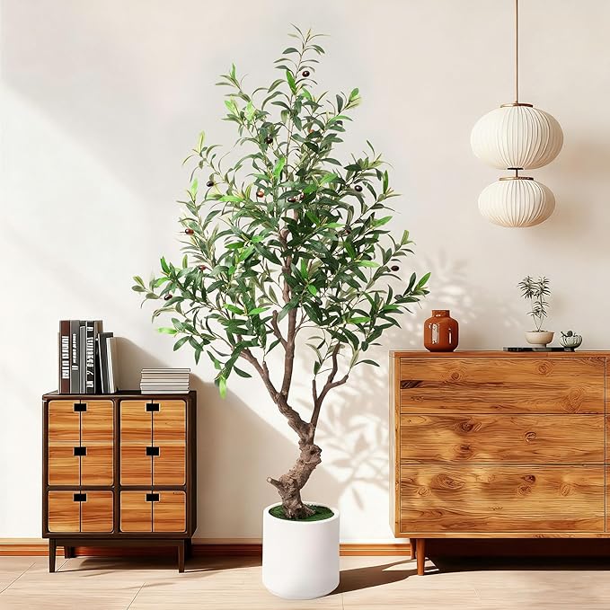 Fake Tree Faux Olive Tree with White Tall Planter Tall Fake Plant 5 Feet Tall Faux Trees Indoor Olive Trees Artificial Indoor Suitable for Home Decoration Hotel Dining Room Office Decoration