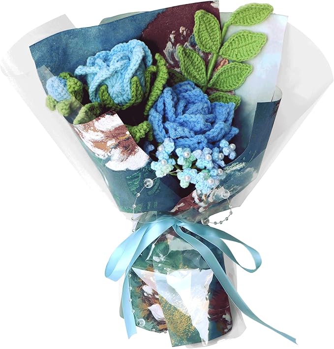 Blue Rose Crochet Flowers Bouquet Handmade Knitted Artificial Flowers Home Decor
