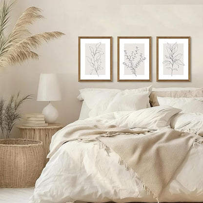 WRFON Neutral Botanical Canvas Wall Art, Minimalist Black Line Flower Poster Prints, Boho Beige Floral Wall Decor, Abstract Plant Leaf Aesthetic Picture for Bedroom Living Room Wood Framed 16"x24"x3