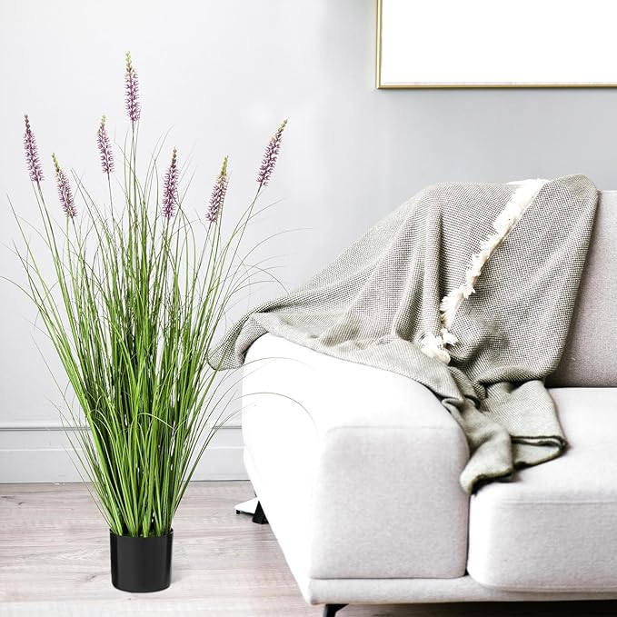 Jexine 2 Pieces Faux Plants Outdoor 4 ft Tall Artificial Lavender Plant Potted Artificial Lavender Faux Greenery Floor Flowers for Housewarming Gift House Garden Bathroom Lobby Outdoor