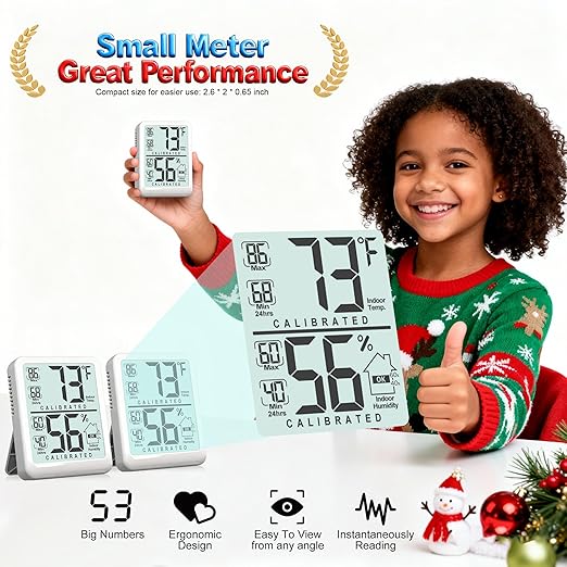 Antonki 2-Pack Room Thermometer, Digital Small Hygrometer Indoor Thermometer Humidity Gauge, Temperature Humidity Meter with Max/Min Record Monitor Sensor for Home, Plants - Battery Included