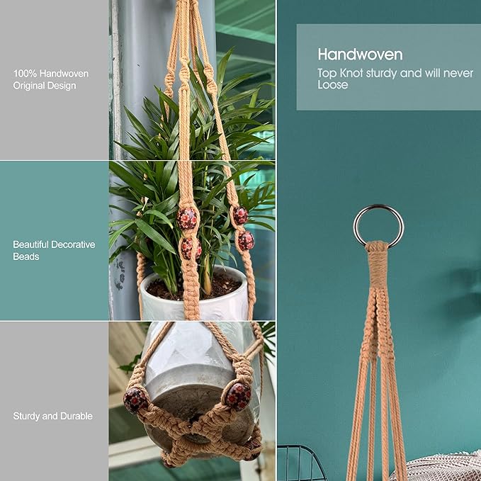 Macrame Plant Hanger for 5 to 10 Inch Plant Pots, Set of 2 Indoor Handmade 35 Inch Woven Rope Hanger Kits with Hooks and Wood Beads, Hanging Planter Basket Holder for Boho Home Decor (Brown, 2 Pack)