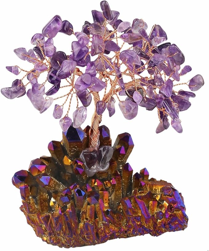 mookaitedecor Amethyst Crystal Tree, Quartz Cluster Purple Titanium Crystals Base Bonsai Money Tree for Wealth and Luck