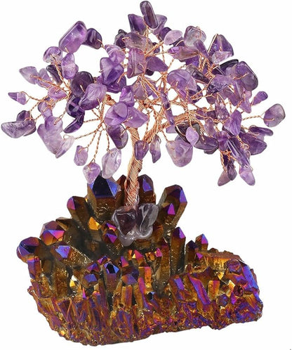mookaitedecor Amethyst Crystal Tree, Quartz Cluster Purple Titanium Crystals Base Bonsai Money Tree for Wealth and Luck