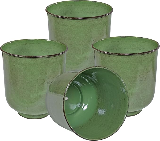Sunnydaze Vivian 11" Metal Outdoor Plant Pot Set with Drainage Holes and Rubber Plugs - Jade Glaze - Set of 4