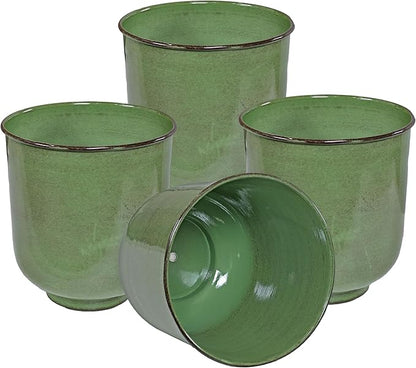 Sunnydaze Vivian 11" Metal Outdoor Plant Pot Set with Drainage Holes and Rubber Plugs - Jade Glaze - Set of 4