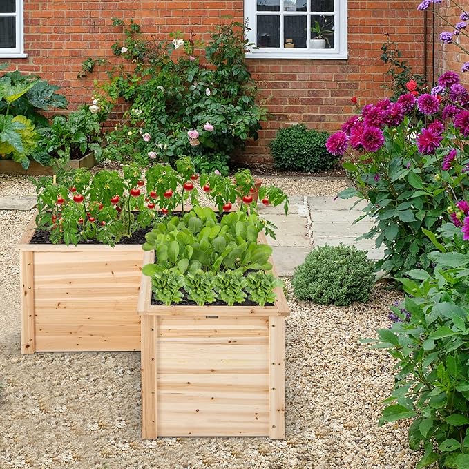 Giantex Wood Raised Garden Bed, 47.5"x47.5"x24.5" Elevated Planter Box w/Open-Ended Base for Deep-Rooted Plant Vegetable Fruit Flower, Outdoor Solid Wood Planter for Patio Backyard