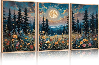 Large Nature Moon Wildflowers Framed Canvas Wall Art,Vintage Forest Flowers Wall Decor,Dark Mountain Night Painting,Wilderness Artwork for Living Room,Bedroom,Dining Room,Office -16"x24"x3