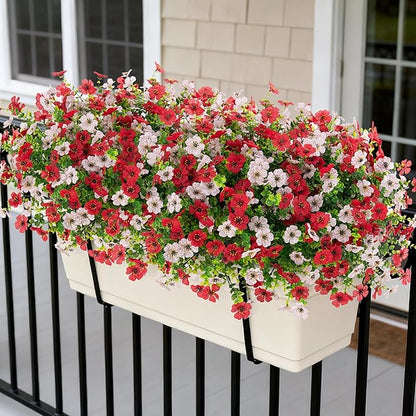 Artificial Fake Plants Flowers for Outdoor Spring Summer Decor, 12 Bundles Faux Silk Daisy for Planter Pot Colorful UV Resistant Look Real for Front Door Porch Patio Outside Yard(Red White)