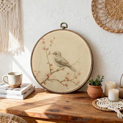 DEQSX Vintage Bird Round Wall Art, Rustic Neutral Cottagecore Farmhouse Bird Botanical Wall Decor Canvas Prints Posters for Home Bedroom Living Room, 10x10 Inches