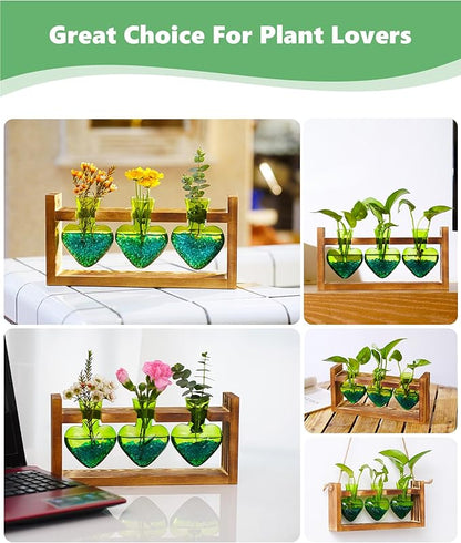 Nacome Plant Terrarium Propagation Stations: Christmas Gifts for Plant Lovers Women Mom Wife - Wooden Stand Tabletop Planter 3 Bulb Glass Vase Heart Shaped for Hydroponics Indoor Home Decor(Green)