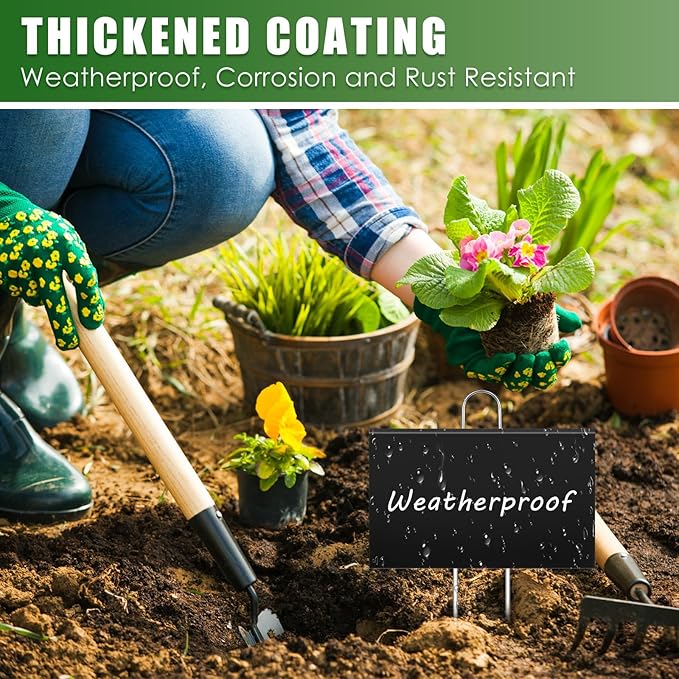 Landhoow 12 Pcs Large Garden Plant Markers Metal Plant Labels Sign 6'' x 8'' with 13'' Stake Weatherproof Waterproof Garden Sign for Outdoor Seedlings Herbs Vegetable Greenhouse, Black