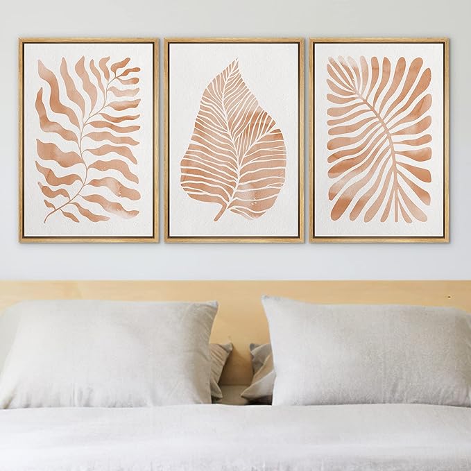 Ashbrook Framed Canvas Print Wall Art Set Orange Tropical Plant Silhouettes Nature Wilderness Illustrations Modern Art Rustic Chic Colorful for Living Room, Bedroom, Office - 24"x36"x3 Natural