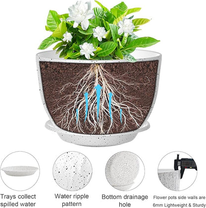 10 inch Large Plant Pots, Flower Pots with Multi-Mesh Drainage Holes and Saucer, Plastic Planters for Indoor and Outdoor Garden Plants (Speckled White, 10")