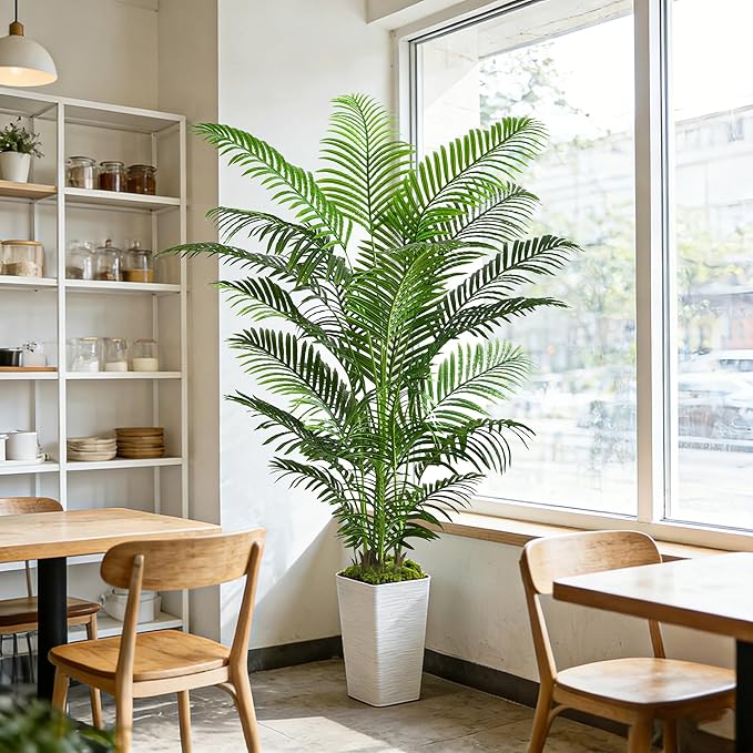 Artificial Palm Tree Indoor, 6FT Fake Floor Plants Large Tropical Silk Plant with White Tall Planter, Faux Areca Palm Plant Artificial Tree in Pot for Home Room Office Outdoor Patio Decor