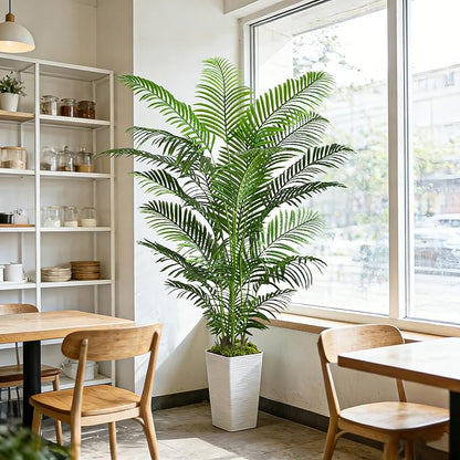 Artificial Palm Tree Indoor, 6FT Fake Floor Plants Large Tropical Silk Plant with White Tall Planter, Faux Areca Palm Plant Artificial Tree in Pot for Home Room Office Outdoor Patio Decor
