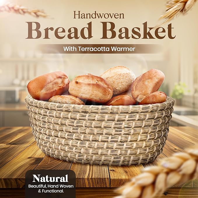 Bread Warmer Basket with Stone - Hand Woven Bread Basket With Warming Stone Included to Keep Your Loaf Warm! - Try Our New Hand-Crafted Bread Basket A Natural & Giftable Addition To Your Table