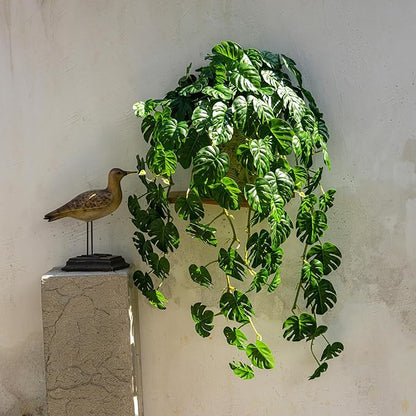2 PCS Artificial Hanging Plants, Fake Hanging Monstera Leaves Ivy Vine Faux Greenery Tropical Palm Leaves Outdoor Hanging Plants Leaf Plant for Garden Home Decor