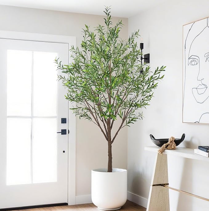 Artificial Olive Tree 8FT with 2253 Leaves Realistic Tall Large Faux Silk Deluxe Plant 96 Inch Black Pot for Indoor Home Office Porch Mall School Hotel Modern Decor Housewarming Gift