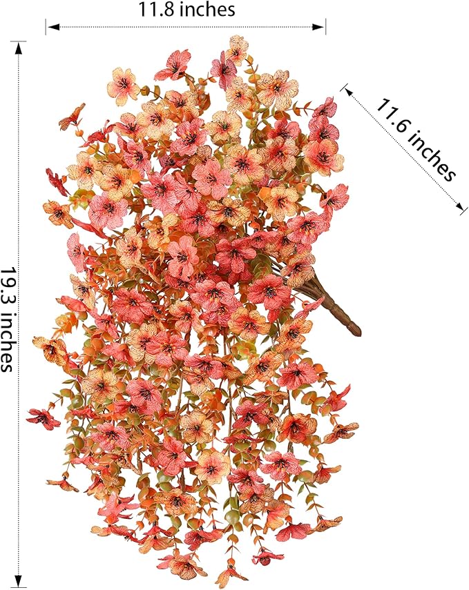 HyeFlora Artificial Flowers for Outdoors Fall Decoration, 2Pcs Fall Orange Yellow Hanging Flowers with Autumn Eucalyptus Leaves Faux Silk Flower Decor for Home Porch Patio Balcony Planter Yard