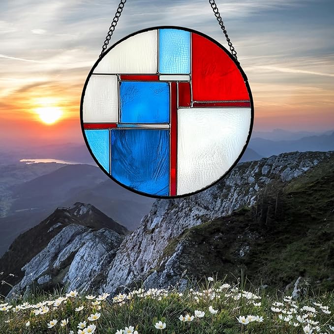 Stained Glass Window Hanging 4 Pcs Set Abstract Flowers in Red White Blue 9.8" - Suncatcher Door Garden Sun Catcher Decor Birthday Mother's Day Xmas Gift for Mom Woman Nana Men Parents