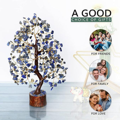 NARIBABU Lapis Lazuli Crystal Tree – 10-12 Inch Gemstone Tree with Golden Wire & Wooden Base – Healing Crystals Decor, Gifts for Her, Birthday Gift for Women, Spiritual Energy