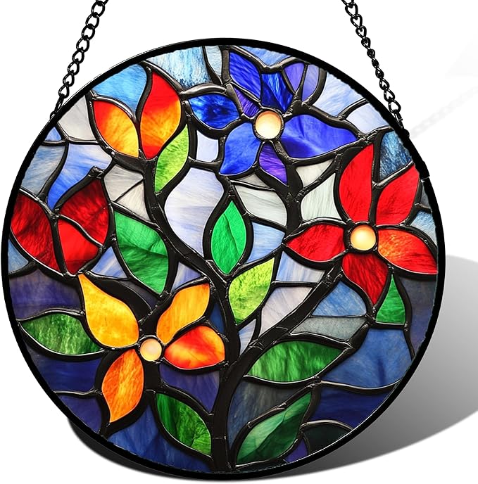 Stained Glass Window Hanging Colorful Flowers and Leaves Large 15" - Suncatcher Door Garden Sun Catcher Home Decor Birthday Christmas Mother's Day for Mom Men Woman Nana Friend