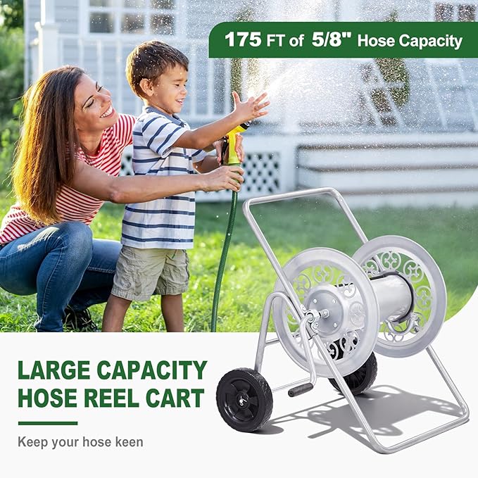 Outvita Hose Reel Cart, Hold up to 175 Ft of 5/8'', Garden Water Hose Reel Carts Mobile Tools with 2 Wheels, Heavy Duty Powder-coated, for Garden, Yard, Lawn, Outdoor(Silver)