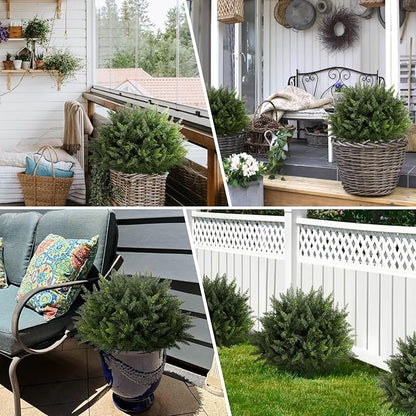 23.6Inch Artificial Cedar Topiary, 2 Pack UV Resistant Faux Evergreen Shrubs with Ground Spikes, Indoor Outdoor Potted Plants for Porch, Garden, Front Door Decor