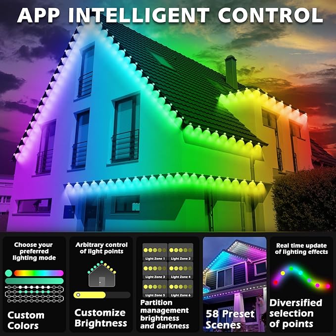 SINLEY 400FT Permanent Outdoor RGB Lights,Waterproof Smart LED Eaves Lights with App/Remote Control,for Christmas and All Holiday Decor,Daily and Accent Lighting,House Roof and Garden Lighting