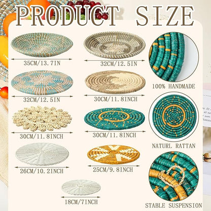 Tatuo 11 Pcs Boho Wall Basket Decor Decorative Bulrush Woven Basket Wall Decor Art Round Farmhouse Hanging Baskets for Kitchen Rustic Home Summer Decorations, Multi Sizes(Bright)