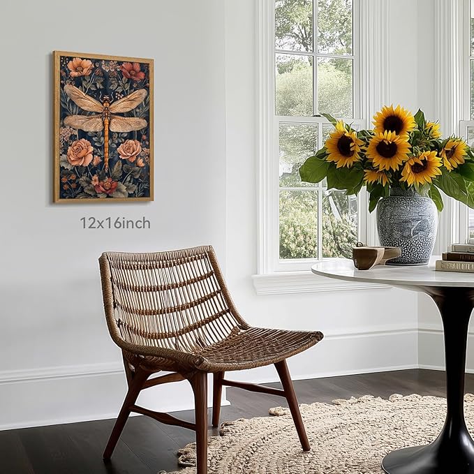 CAZLOUC Vintage Dragonfly Wall Art, William Morris Botanical Wall Decor, Neutral Insect Flower Poster Print, Dark Nature Floral Aesthetic Picture for Living Room Bedroom Wood Framed 16x24 Inch