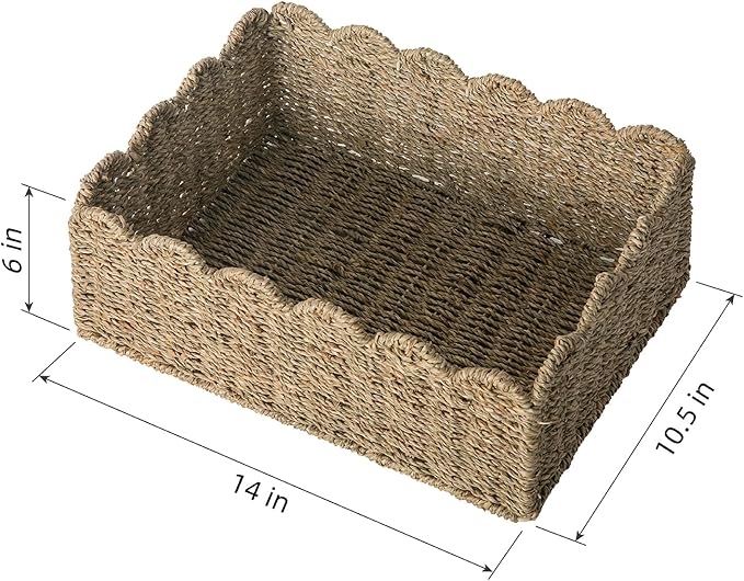 Scalloped Basket, Wicker Storage Baskets, Hand Woven Baskets for Shelves,Natural Baskets for Organizing (M-14" L x 10.5" W x 6" H-Seagrass)