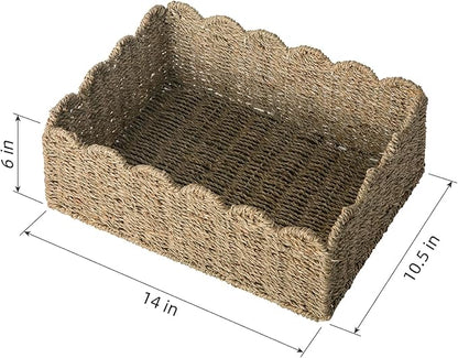 Scalloped Basket, Wicker Storage Baskets, Hand Woven Baskets for Shelves,Natural Baskets for Organizing (M-14" L x 10.5" W x 6" H-Seagrass)
