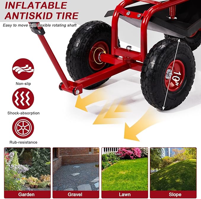 Outvita Garden Cart Rolling Workseat with Wheels, Gardening Stool with Adjustable 360 Degree Swivel Seat, Extendable Handle, Tool Tray & Storage Basket, Gardening Scooter for Yard, Planting, Red
