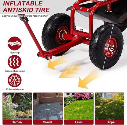 Outvita Garden Cart Rolling Workseat with Wheels, Gardening Stool with Adjustable 360 Degree Swivel Seat, Extendable Handle, Tool Tray & Storage Basket, Gardening Scooter for Yard, Planting, Red
