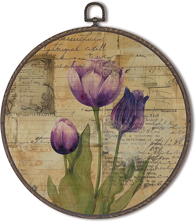 XNXLDYLH Vintage Purple Flower Round Framed Wall Art Decor, Rustic Retro Earthy Floral Bathroom Hanging Wall Decor Decorations, Botanical Tulip Canvas Prints Wall Art Pictures Paintings, 10x10 Inch