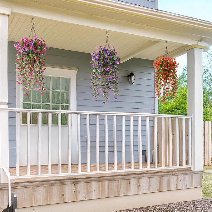 Fake Artificial Hanging Flowers for Outdoors, 2 Pcs Fake Hanging Plant Spring Summer Decor, UV Resistant No Fade Faux Silk Daisy Flower for Front Door Porch Planter Patio Yard Garden(Double Purple)
