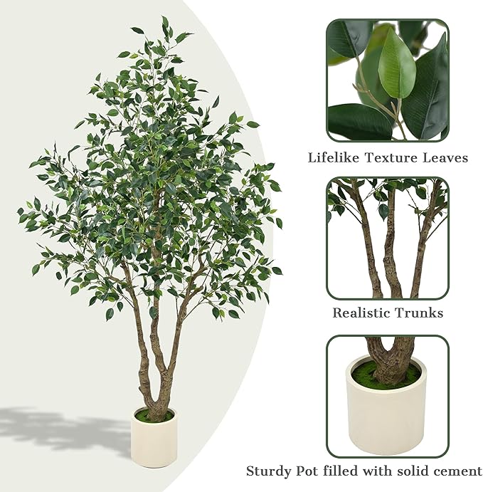 Artificial Ficus Tree 6.5ft - Tall Fake Indoor Tree with Dense Leaves and Realistic Trunks, 78" Faux Tropical Plant Artificial Floor Potted Trees for Home Living Room Office Porch Outdoor Decor