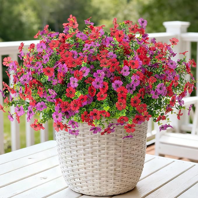 Artificial Fake Mums Flowers for Outdoor Fall Decor, 12 Bundles Faux Silk Plants Daisy for Planter Pot Colorful UV Resistant Look Real for Front Door Porch Patio Outside Yard(Red Purple)