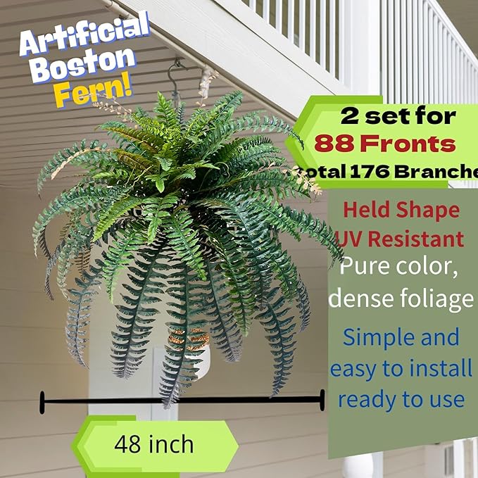 Giant Artificial Boston Ferns for Outdoors Large–UV Resistant LifeLike Faux Fern, Realistic Silk Greenery plants large Office, Home Decor, 2pack 88 Branches,48 Inch fake fern Leaf Green.No Base