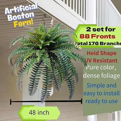 Giant Artificial Boston Ferns for Outdoors Large–UV Resistant LifeLike Faux Fern, Realistic Silk Greenery plants large Office, Home Decor, 2pack 88 Branches,48 Inch fake fern Leaf Green.No Base