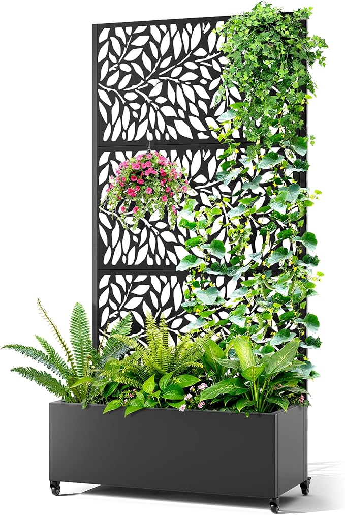 Metal Raised Garden Bed with Trellis, 2 in 1 Trellis with Planter Box & Privacy Screen for Climbing Plants, Vine, Outdoor Standing Flower Beds with Drainage Holes, 35.4"L x 15.7"W x 70.10"H,(Black)